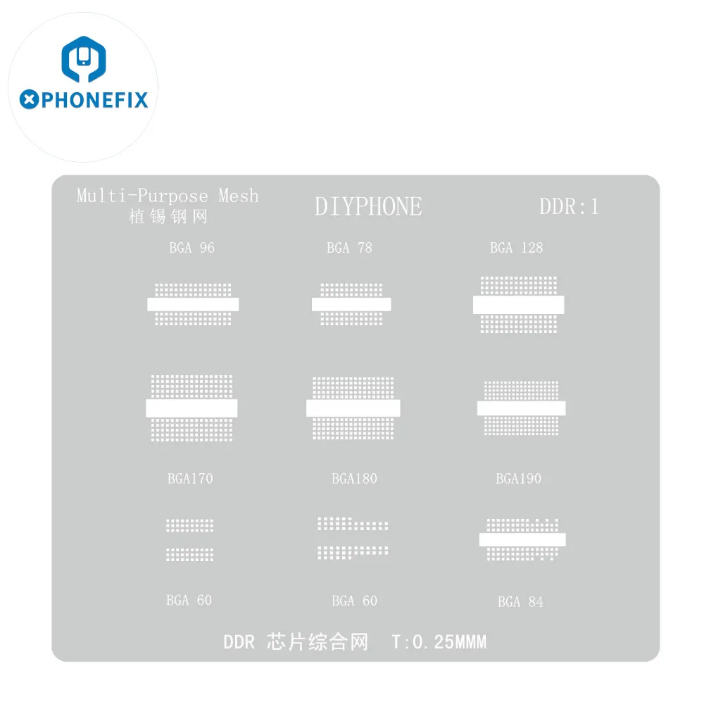 DIYPHONE DDR IC Comprehensive BGA Reballing Stencil 0.25mm for DDR BGA96/78/128/170/180/190/60/84 Memory Chips Soldering Mesh