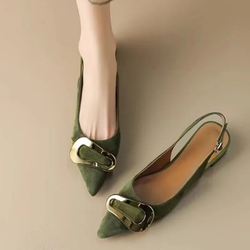 Sandalias de gamuza para mujer, sandalias a la moda con punta estrecha, zapatillas de vestir de diseñador con talón descubierto, sandalias informales deslizantes para mujer