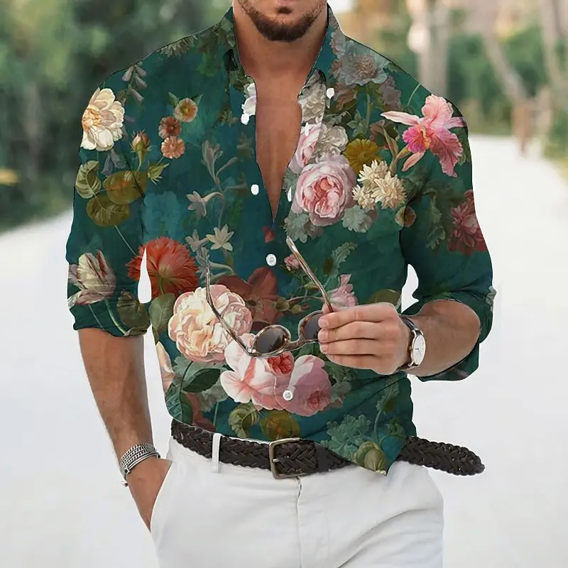 Camisa com estampa floral em folhas 3D havaiana masculina, camisa de manga comprida, lapela de botão, roupa confortável, tops casuais, nova, primavera e outono