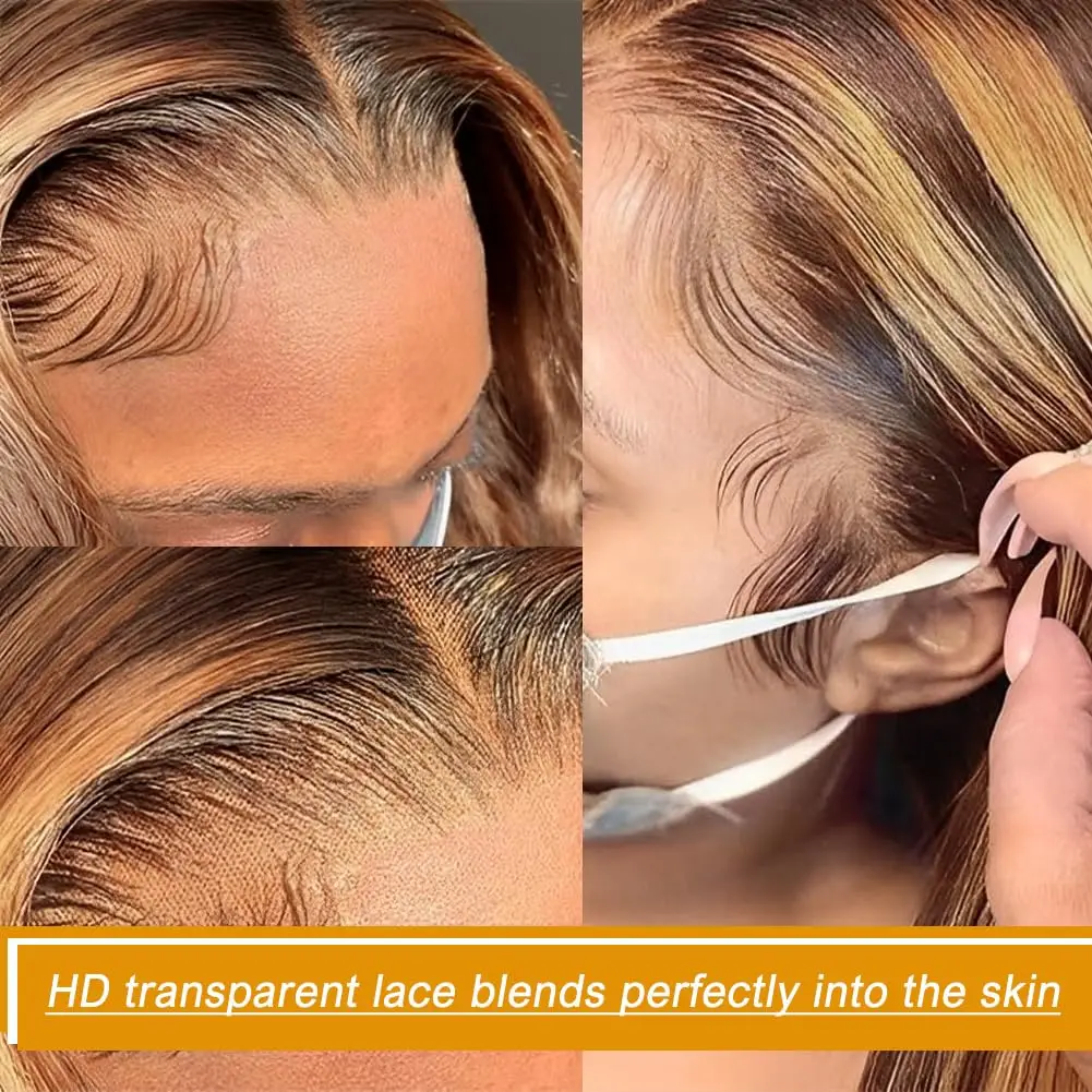 Glueless Colorido Lace Front Peruca de Cabelo Humano para Mulheres, Pré Arrastado, Osso Reto, Transparente, Destaque, 13x4