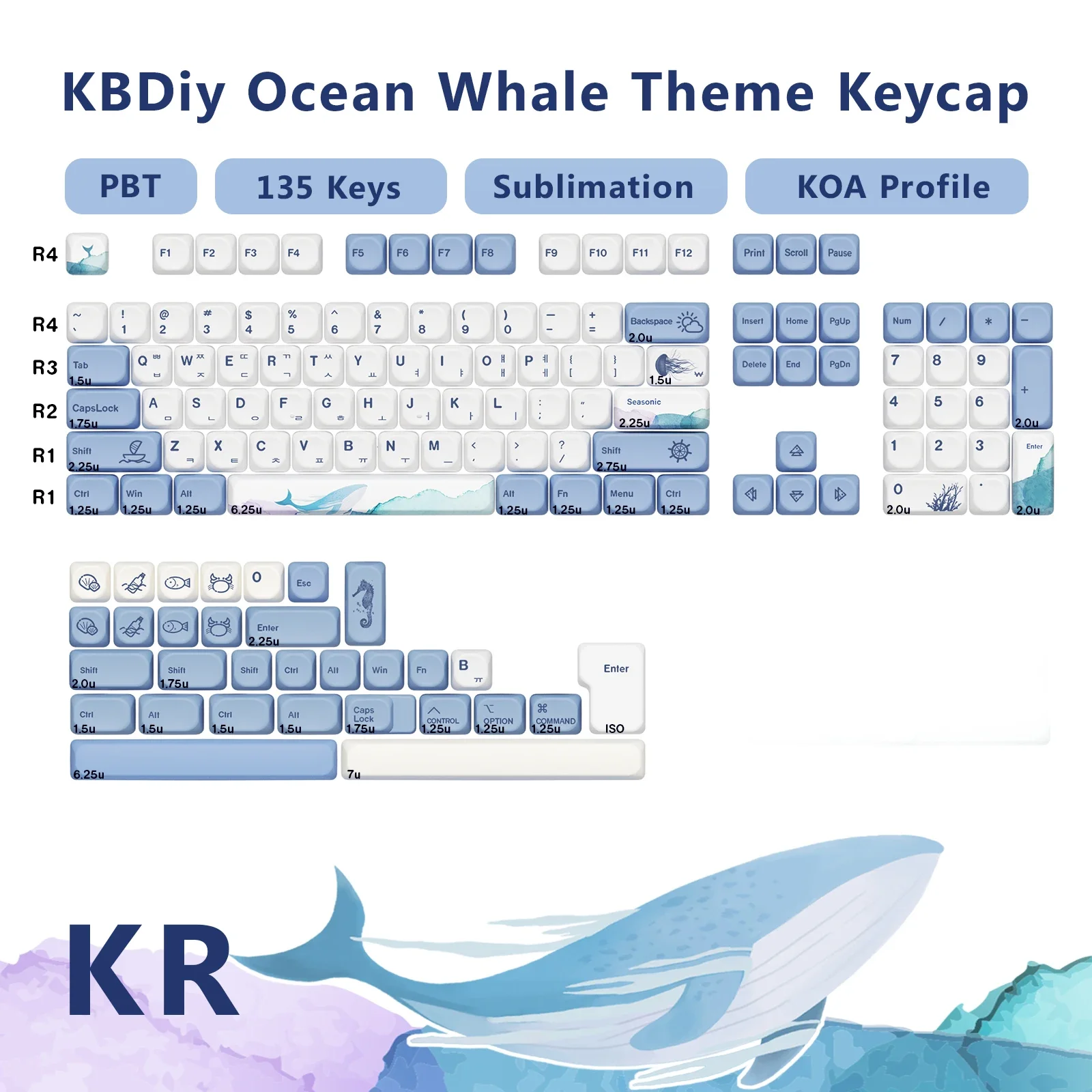 KBDiy KOA Profile Ocean Whale Korean Keycaps for Mechanical Keyboard Gaming Cute PBT Keycap ISO for MX Switches 135 Keys Caps