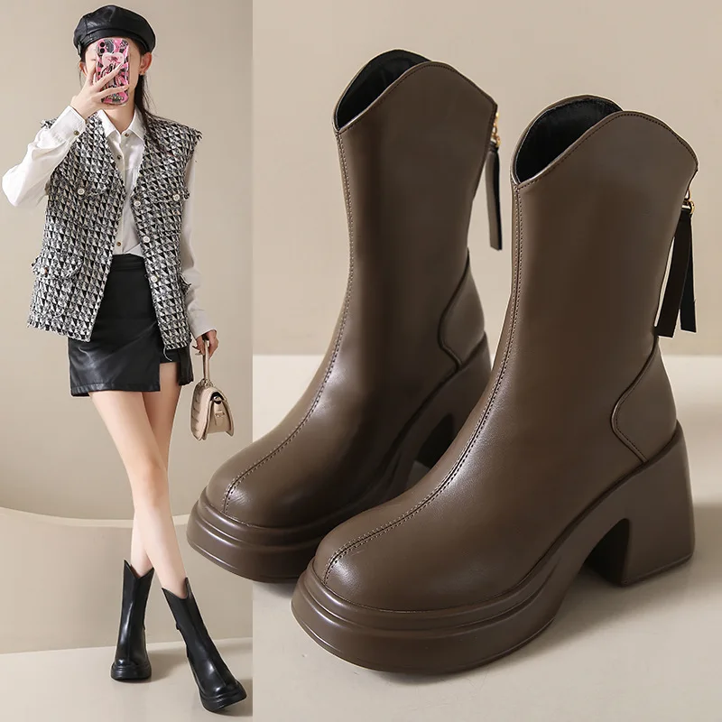 Boots Flat Platform Round Toe Boots-Women Zipper Female Shoes Luxury Designer Clogs Lolita 2024 Rock Rubber Ankle Ladies Fashion