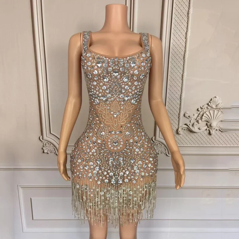 라인스톤 프린지 드레스 여성 가수 축제 의상 나이트클럽 바 DJ DS 재즈 코스튬 무대 공연 의상