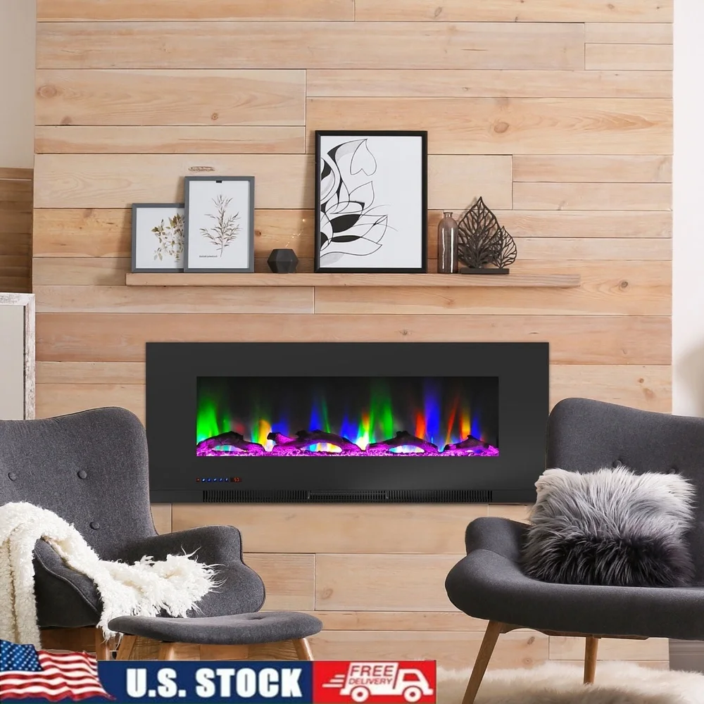 

50-дюймовый настенный электрический каминный обогреватель с регулируемым светодиодным пламенем цвета коряги с дистанционным управлением защита от перегрева