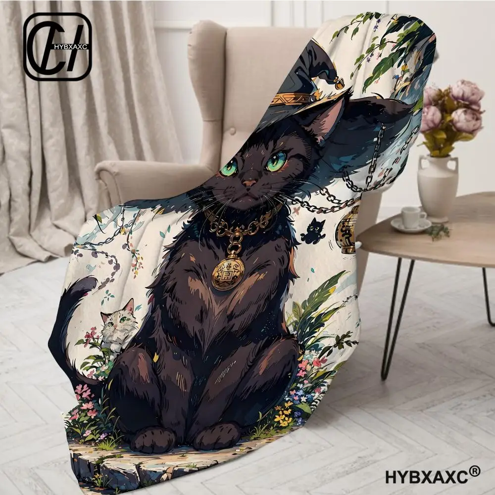 Street Art Black Cat Throw Blanket, Colorful Splatter Paint Kitty Decor Sofa Blanket Throw Blanket Aesthetic Portable Home Trave