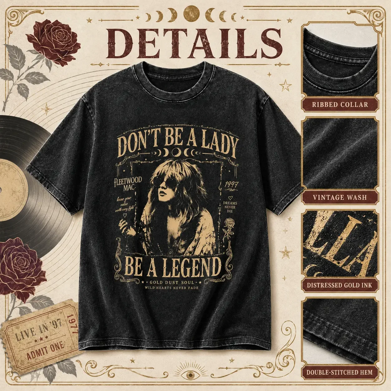Fleetwood Mac Graphic T-Shirt - Don't Be a Lady Be a Legend Stevie Nicks Tee, Vintage Boho Rock Band Short Sleeve Cotton-Feel Casual Comfy Shirt for Women, Aesthetic Graphic Tee