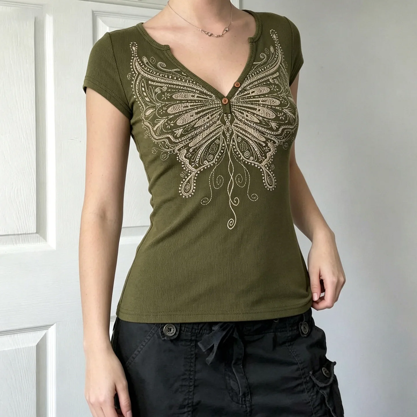 Street Style Retro  Print V-Neck Short Sleeve T-Shirt Women's Casual Y2K Spicy Slim Fit Top Cross-Border Fashion