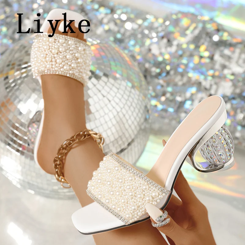 Liyke Size 36-42 Women Summer Party Slippers Fashion White Pearl Designer Sandals Female Shoes Strange High Heels Mules Slides