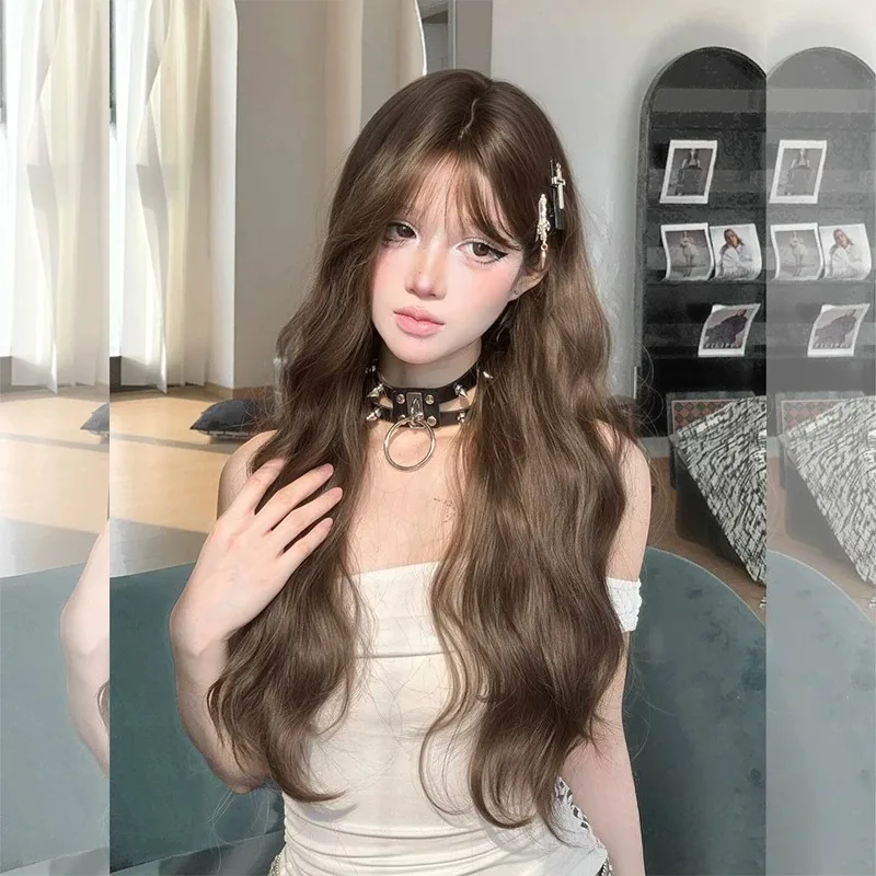 Korean‑Style Cool Brown Long Wavy Full Wig Soft Gentle Large Curls Heat‑Resistant Synthetic Wig for Daily Styling Party Cosplay