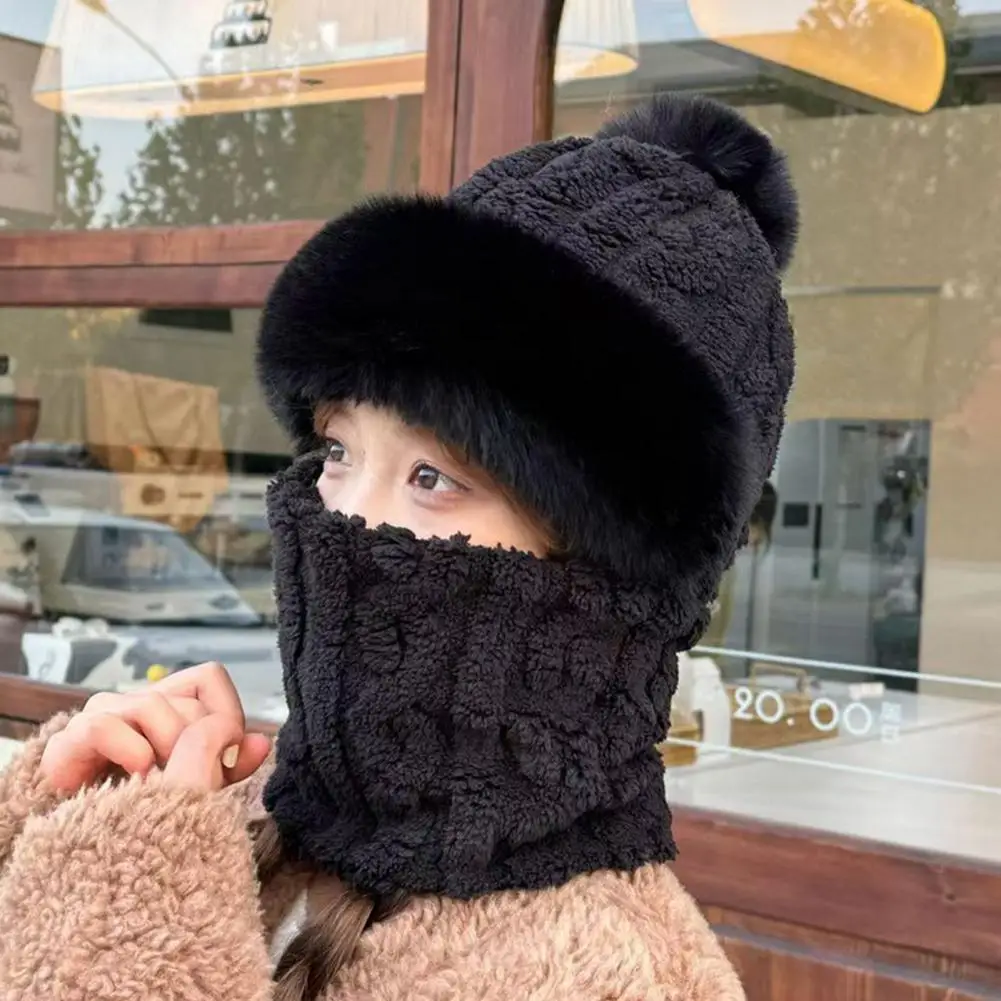 Pullover Hat 3-in-1 Knit Hat Solid Color Plush Ball Decor Fleece Lined Scarf Face Guard Hat Headwear Cold Weather Accessories