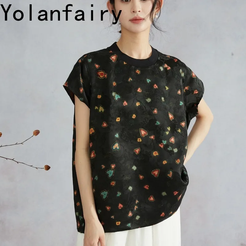 YOLANFAIRY Fashion 100% Mulberry Silk Jacquard T Shirts Woman Summer Heart Pattern Gambiered Tee Shirt Femme Short Sleeve Blouse