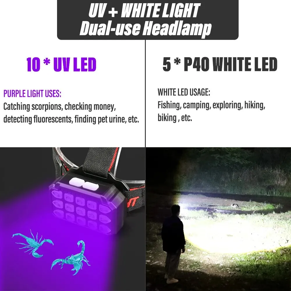 Uv + ホワイトライトデュアルユースledヘッドランプ釣りヘッドライトは10 * uv led + 5 * p40 ledキャンプ、キャッチサソリなどに使用