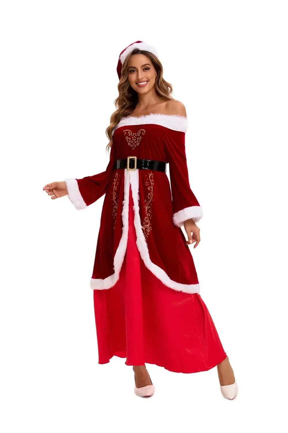 Costume de Père Noël pour Adulte, Tenue de Cosplay de Noël, Barrage de Velours Rouge de Luxe, Ensemble de 8 Pièces, pour ixde Famille, 2024