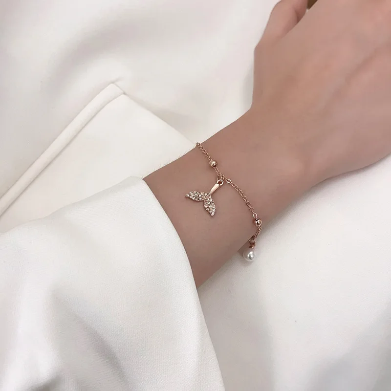 Zircon Stainless Steel Chain Bracelets For Women Double Layer Luxury Imitation Pearls Rice Beads Bracelets Fashion Jewelry Gifts