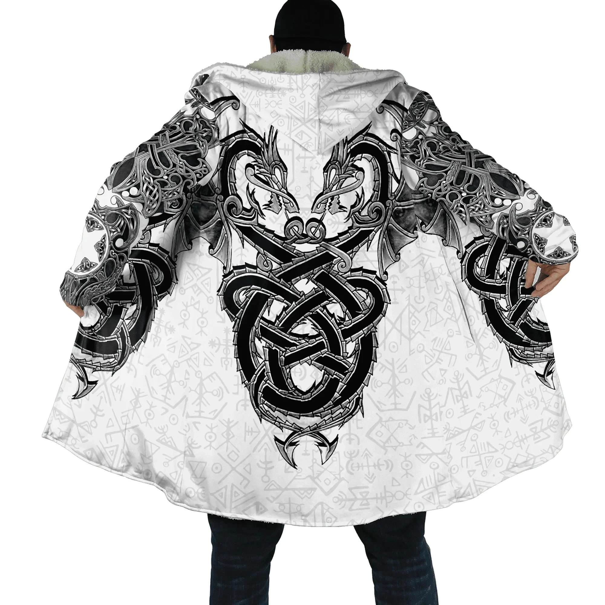 

Men's Winter Hooded Cloak Mjolnir Odin Raven Wolf Tattoo 3D Printed Wool Hooded Cloak Neutral Casual Thick Warm Cloak Q0305