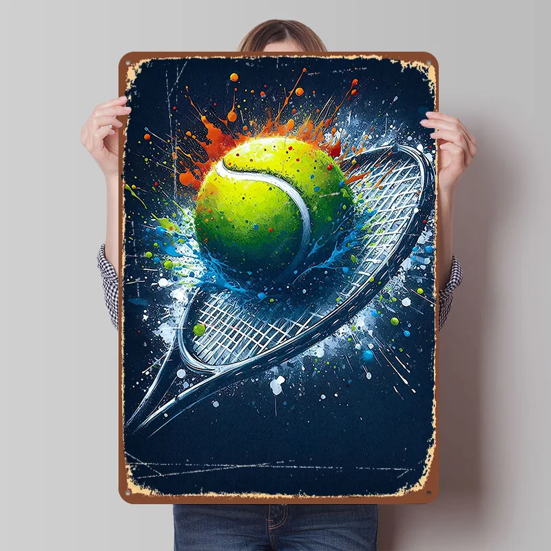 Tennis Ball and Racket Splash Poster Customized Wall Art Vintage Metal Signs Retro Tin Plaque for Man Cave Room Accessories Home