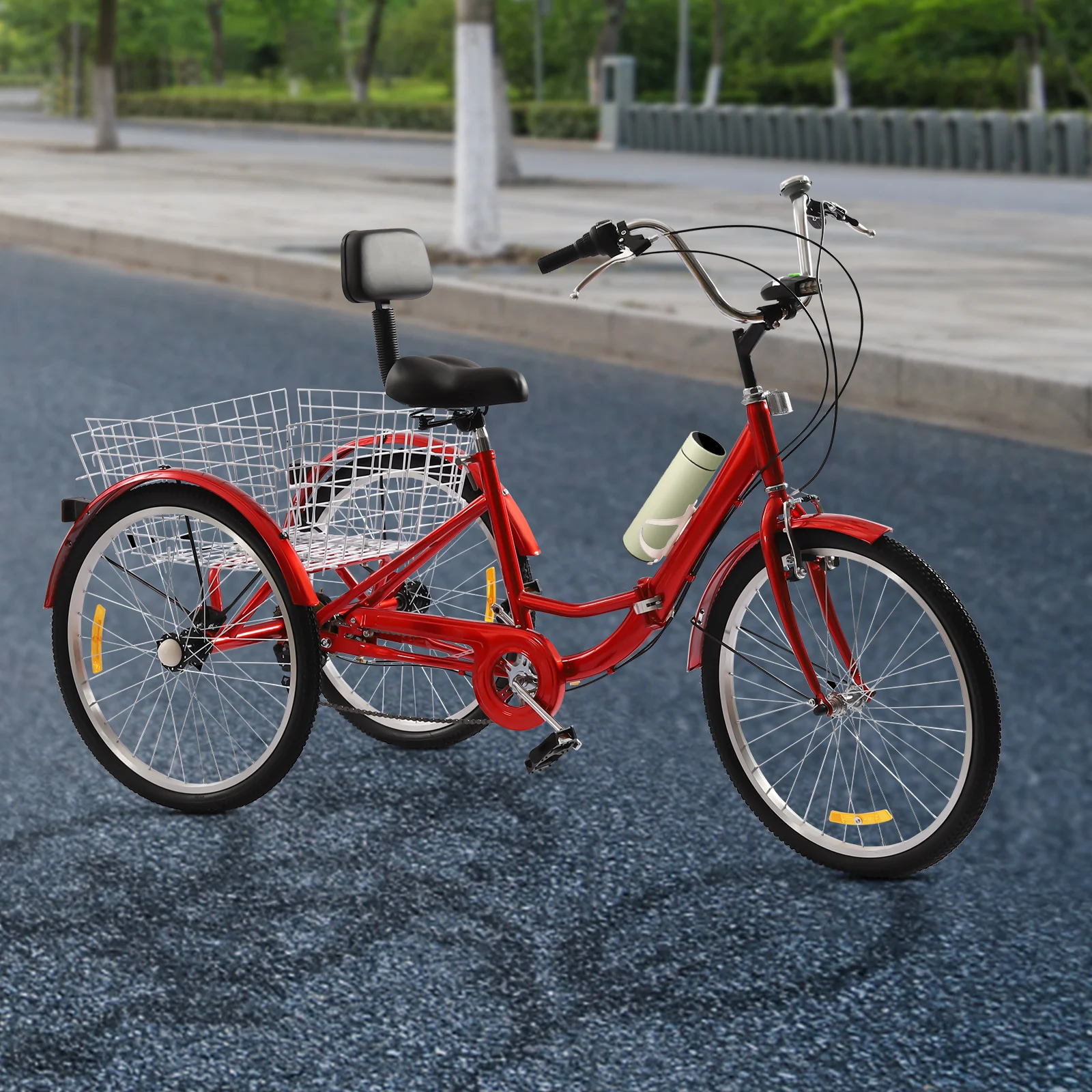 Modern Adult Tricycle 24 Inch 7 speed Red Folding Three-wheeled Bicycle with Water Cup Holder and LED Headlight