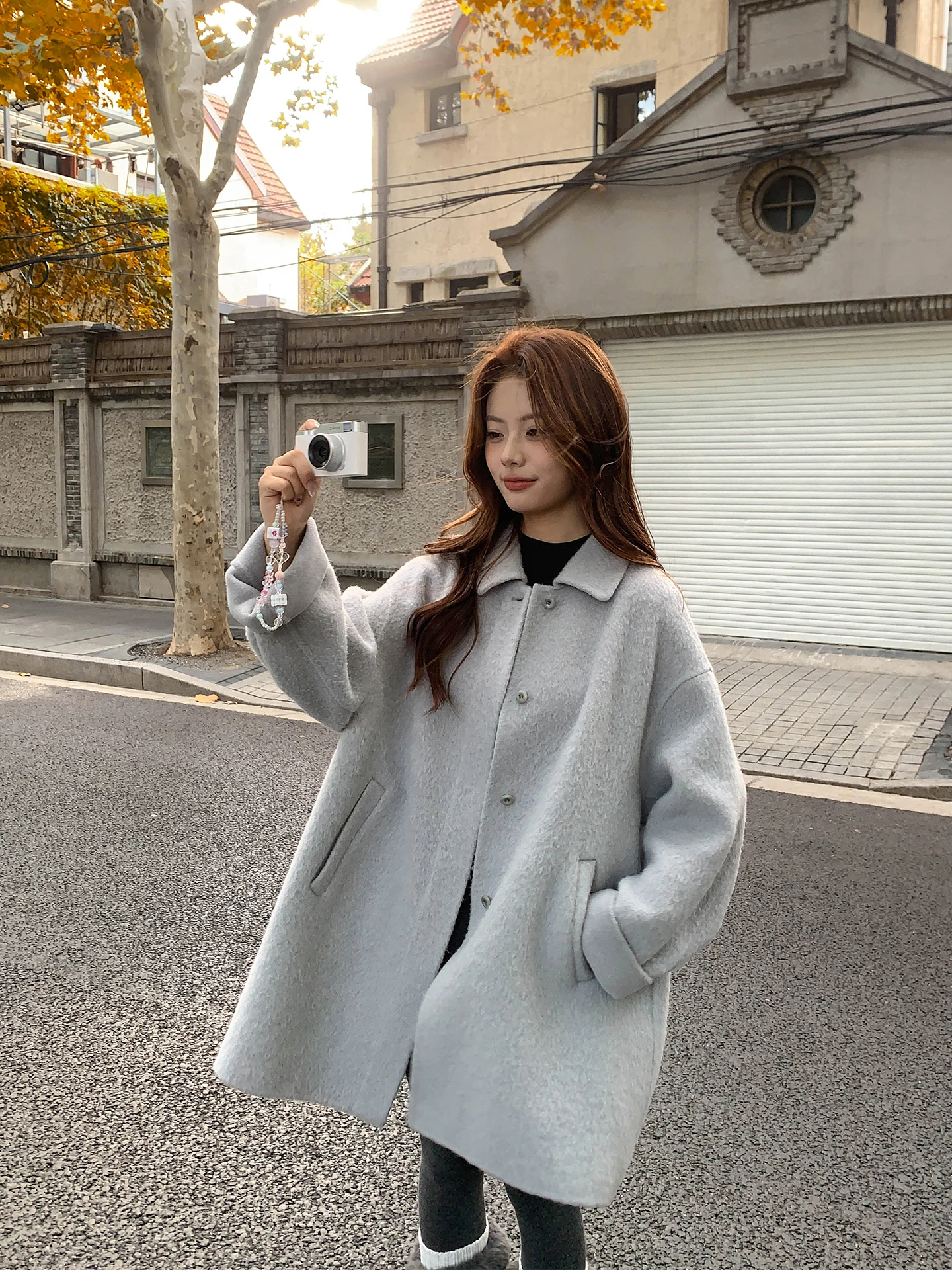

CC HOME Blue Wool Camere Double-Faced Tweed Coat Women's Mid-Length Winter New Sle Button ket Korean Sle Loose Fit