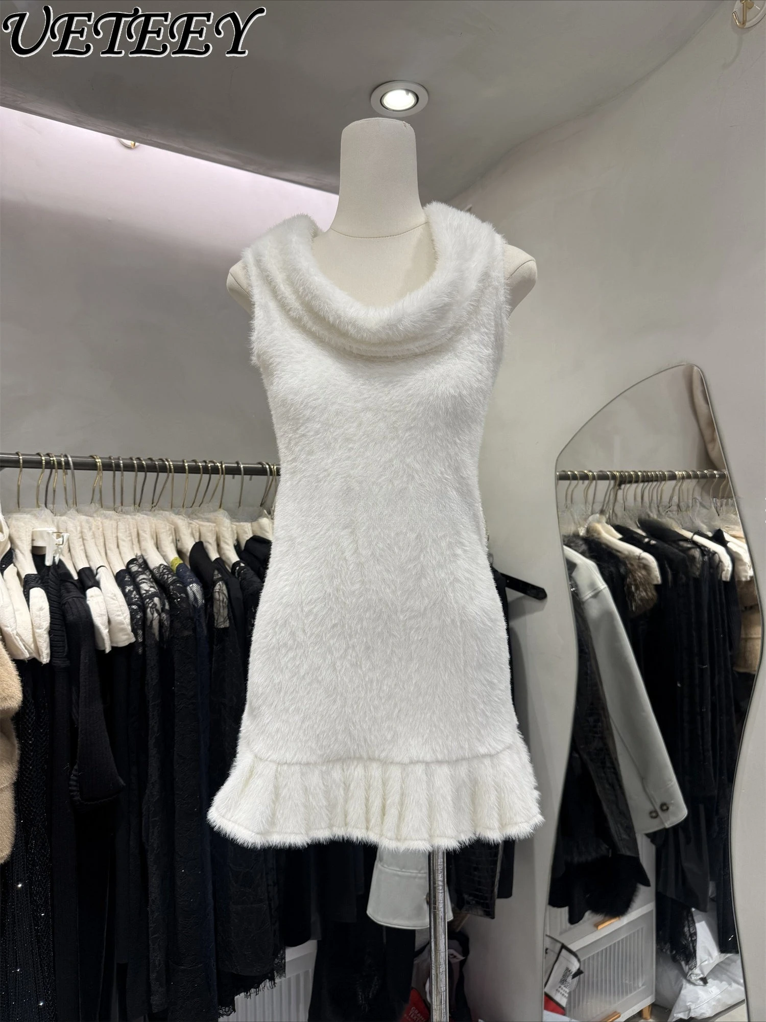 

2026 Spring New Unique Beautiful Korean Style White Knit Dress for Women Backless Lace Splicing Sleeveless Tank Dresses