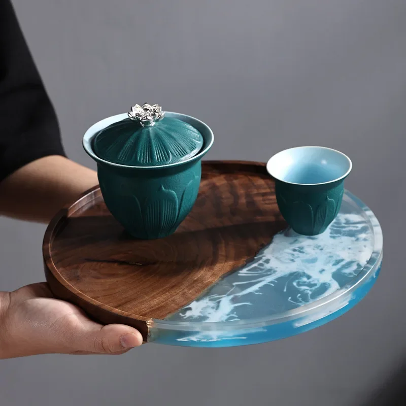 Walnut resin dry brewing tray round kung fu tea set tray size solid wood tea tray