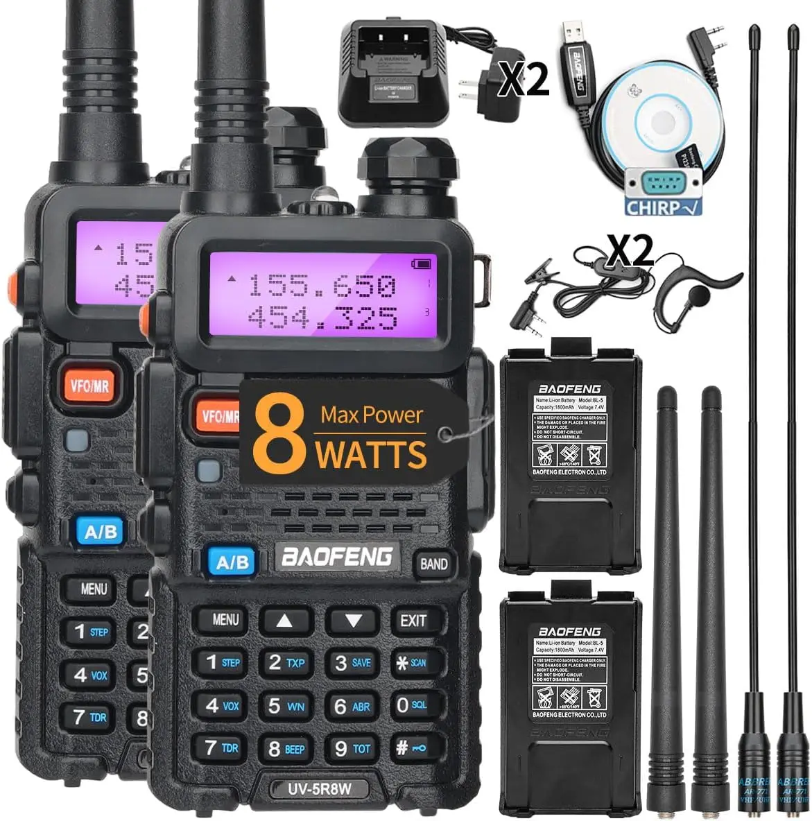 1/2PCS BaoFeng UV-5R 8W Tri-Power Walkie Talkie High Power Dual Band Long Range 128 CH Portable Handheld UV 5R Ham Two Way Radio