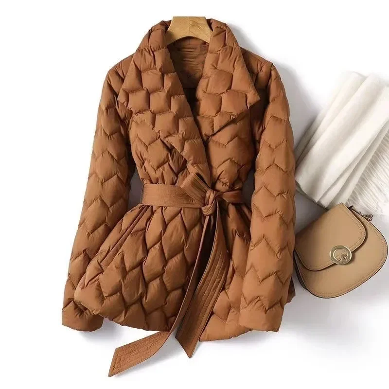 New Winter Water Wave Pattern Padded Jacket Quilted Light Down Cotton Coat Lapel Belt Waist Mid Long Elegant Women's Clothing