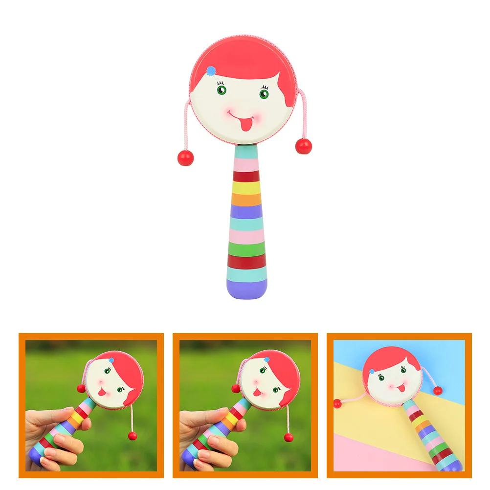 Cartoon Wooden Baby Hand Rattle Shaking Drum Lightweight Durable Baby Musical Handheld Portable Early Learning