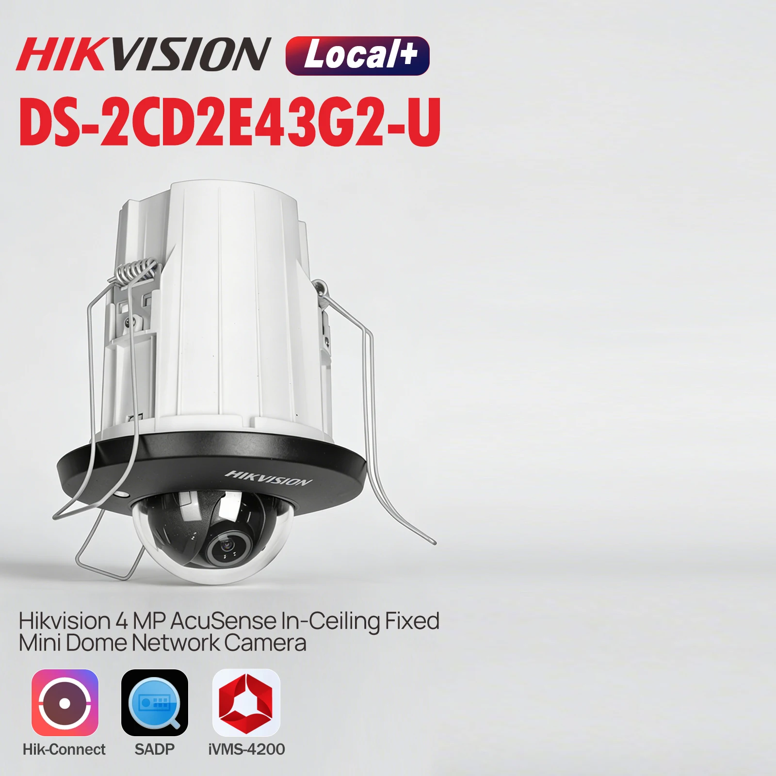 Kamera IP Hikvision DS-2CD2E43G2-U 4MP AcuSense, mini kopułkowa, montowana w suficie, z wbudowanym mikrofonem 120dB, WDR, wykrywaniem ludzi i pojazdów, rozpoznawaniem twarzy, PoE, slotem na kartę SD,