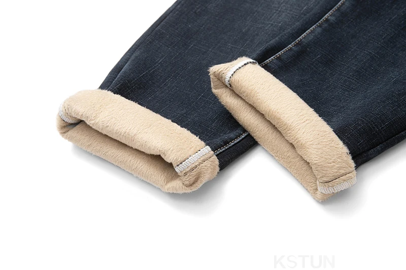 KSTUN Winter Jeans Men Fleece-Lined Warm Jeans Dark Blue Stretch Thicken Slim Straight Business Casaul Men's Trousers Clothing images - 6