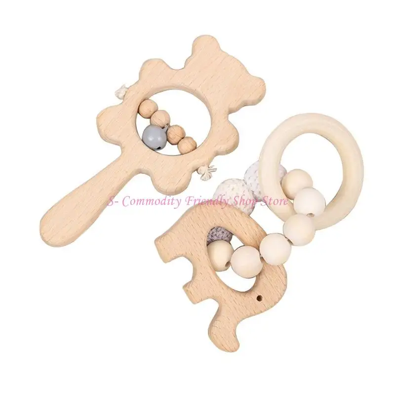 85AE Rattle Teether for Baby Crochet Bead Bracelets Teether Handbell Rings TeethingBracelet Toy Toddler Infant Fine Motor Toy