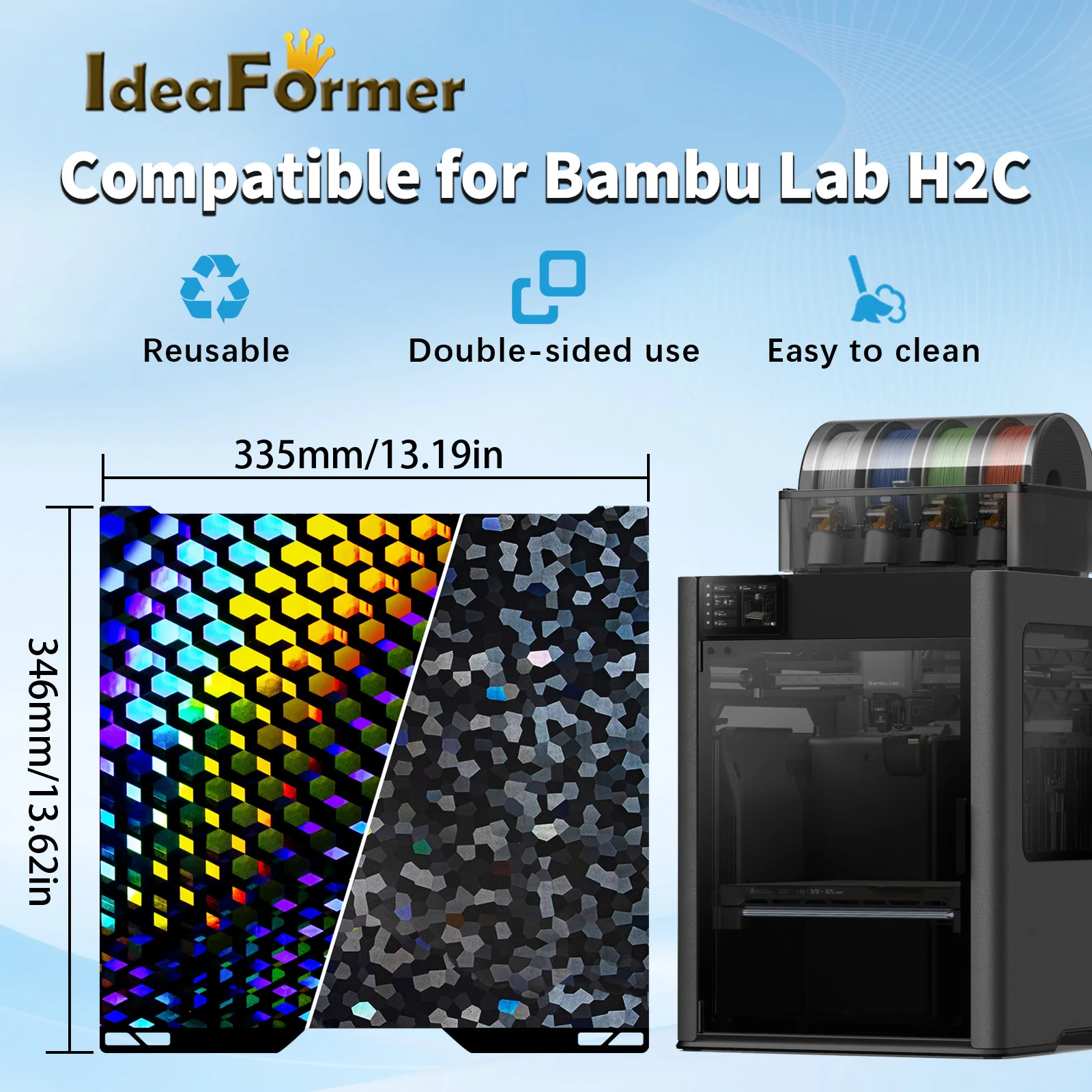 

Гладкая PEG-пластина для 3D-принтера Bambu Lab H2C, термостойкая рабочая поверхность 335×346 мм