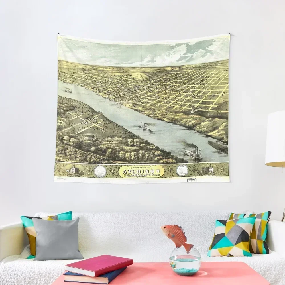 

Bird's Eye View of the City of Atchison Kansas 1869 Tapestry Japanese Room Decor Decor For Room Wall Decor Hanging Tapestry