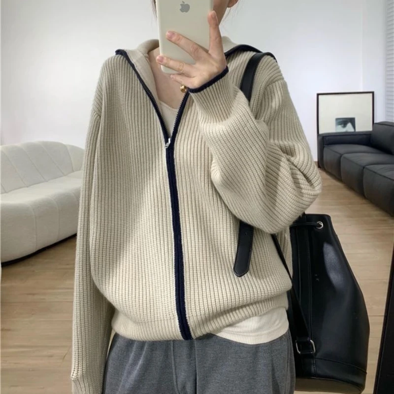 Zipper Sweater Cardigan Women Stand-Up Collar Loose Solid Knit Sweater Jacket Female Tops Spring and Autumn  Fashion Coat