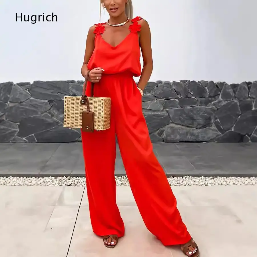 

3D Floral Strap V Neck Satin Jumpsuit Elastic Waist Wide Leg Loose Summer Vacation One Piece Outfit for Women