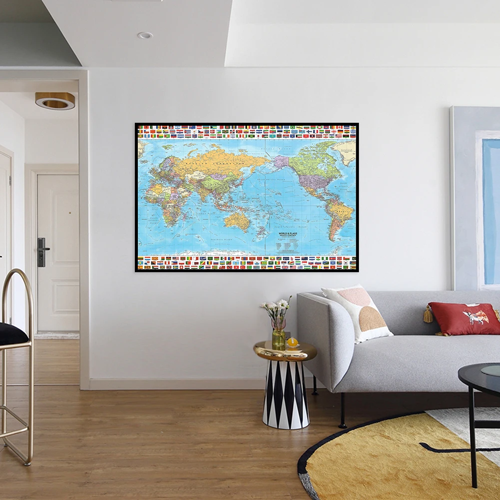 Póster de arte de pared de oficina, con bandera mapa del mundo, pintura en lienzo sin marco para sala de estar, decoración del hogar, 90x60cm