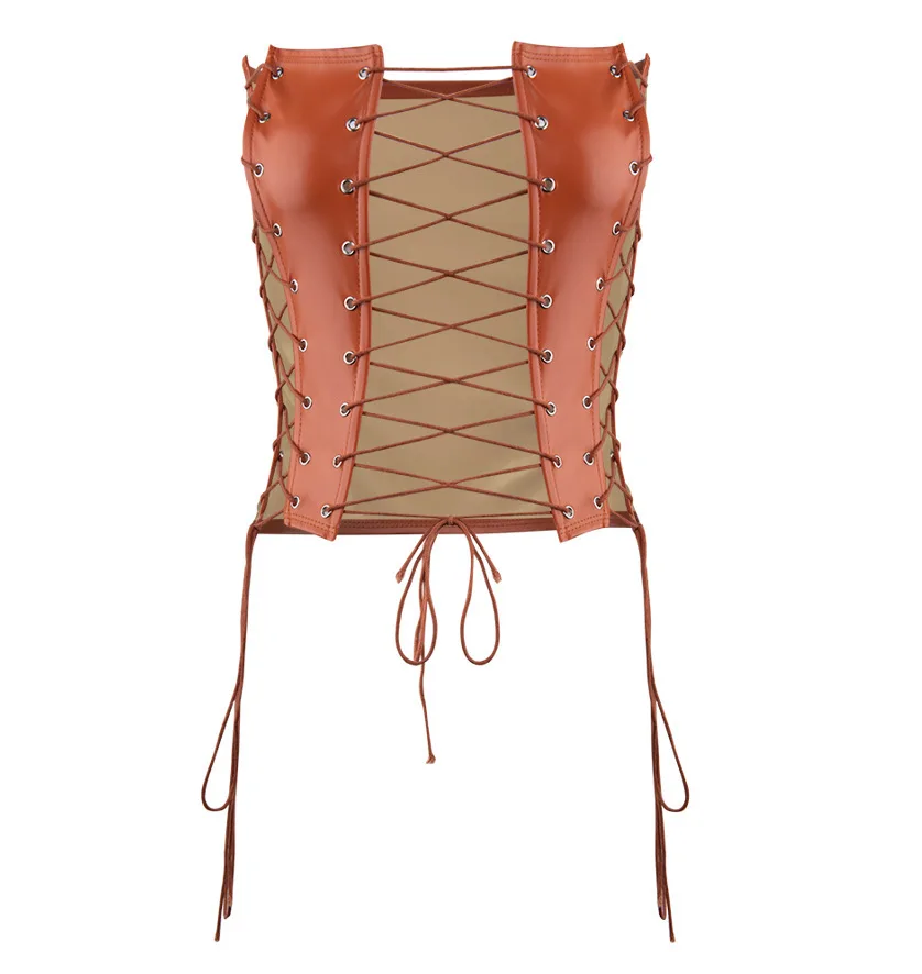 Y2K Pu Leather Corset for Women Lace Up Hollow Out Tops Sexy Nightclub Vest Strapless Female Fashion Slim Shaper Tank Top Summer