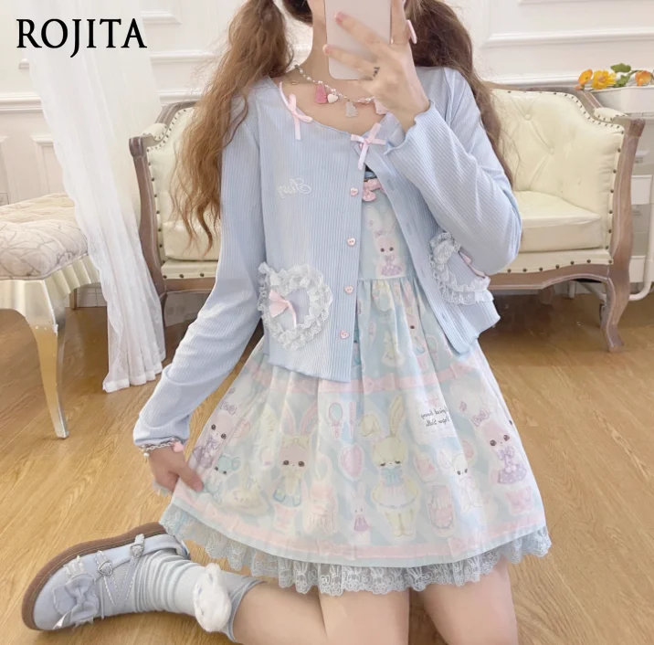 Women's Kawaii Bow Decorated Knit Top Sweet Ribbed Cardigan with Heart Button 5-color Small Cardigan Lolita Knitted Small Coat