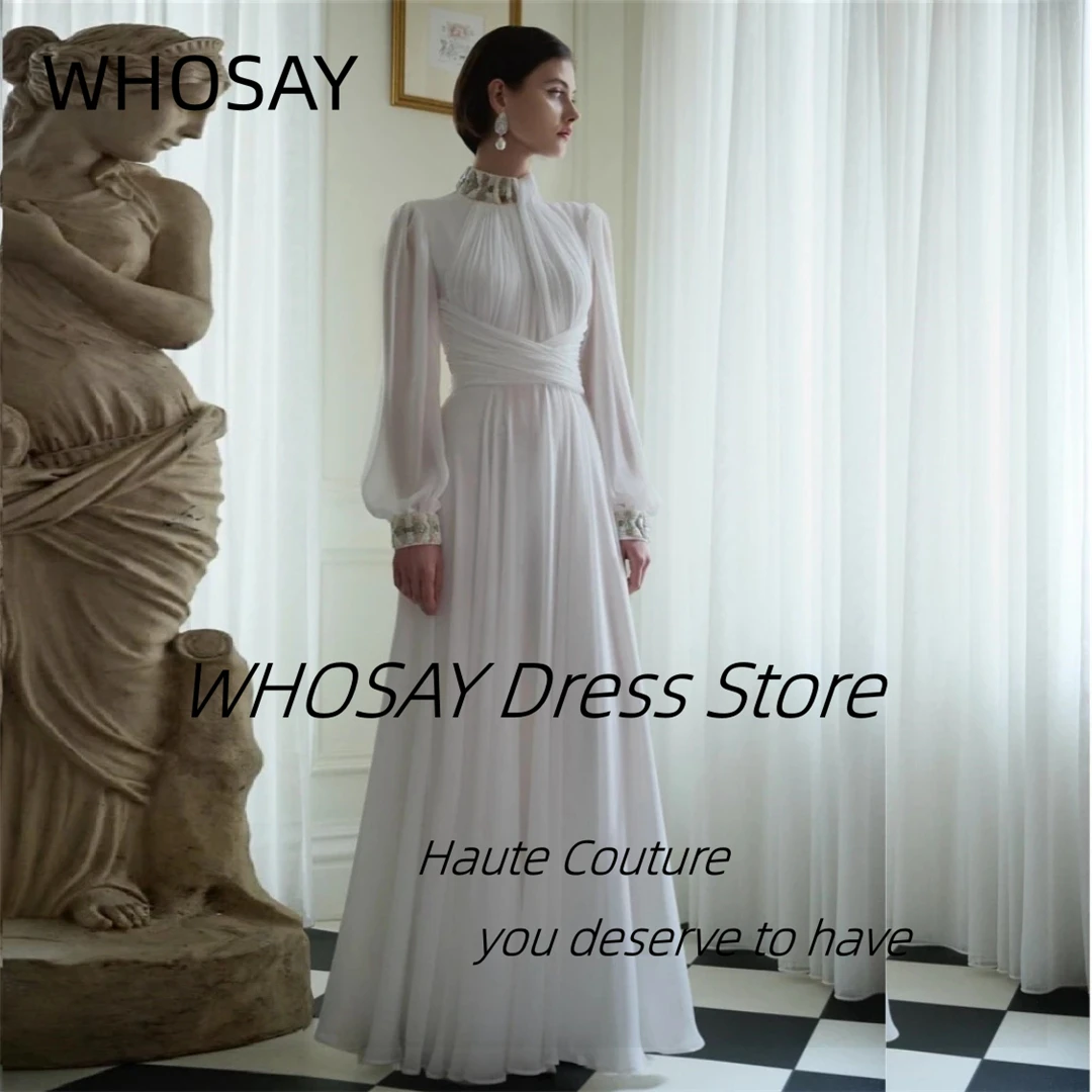 

WHOSAY Вечерние платья по индивидуальному заказу, расшитое бисером, с высоким воротником и длинными рукавами, халаты De Soirée, шифоновое платье с рюшами для свадебной вечеринки, выпускного вечера невесты