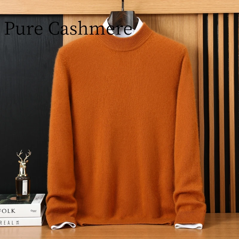 

MVLYFLRT Men's 100% Pure Goat Cashmere Semi-High Neck Pullover Sweater Casual Basic Thick Knit Sweater Autumn Winter Versatile