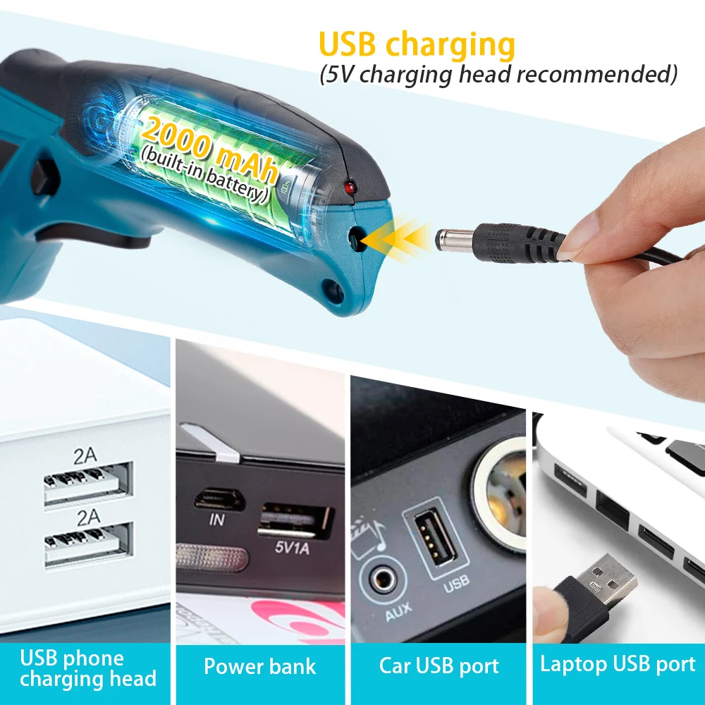 forbici elettriche ricaricabili 3,6 V tessuto pelle tessuto cartone utensile da taglio in plastica con batteria integrata da 2,0 Ah