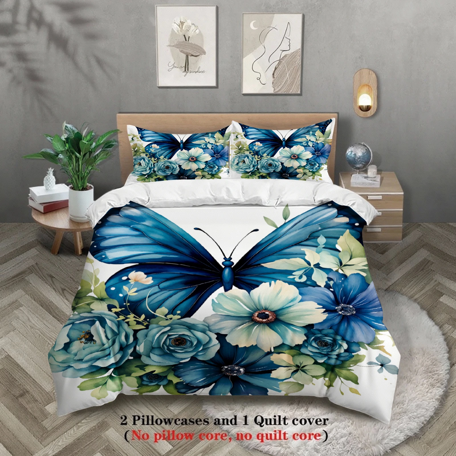 

3pcs Butterfly Flower Bedding Sets 3D Printed Blue Floral Easy Care Duvet Cover Sets With Pillowcases No Filling
