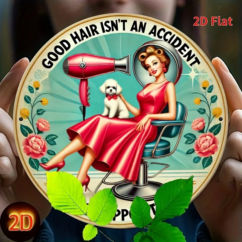 Letrero Metálico Redondo Retro 2D Plano con Diseño de Chica Pin-Up y la Frase 'Good Hair Isn't An Accident', Decoración de Pared Vintage para Peluquería, Rojo Años 50