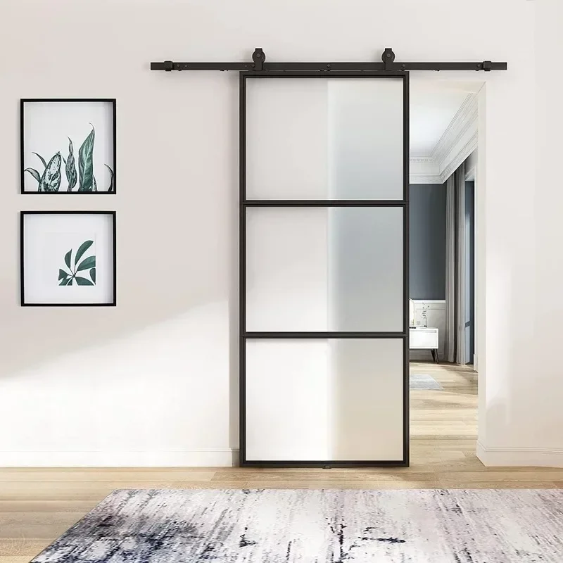 Frosted Glass Barn Door with Top Mounted Hardware kit Include Soft Close MechanismCarbon Steel Tempered Frosted Glass