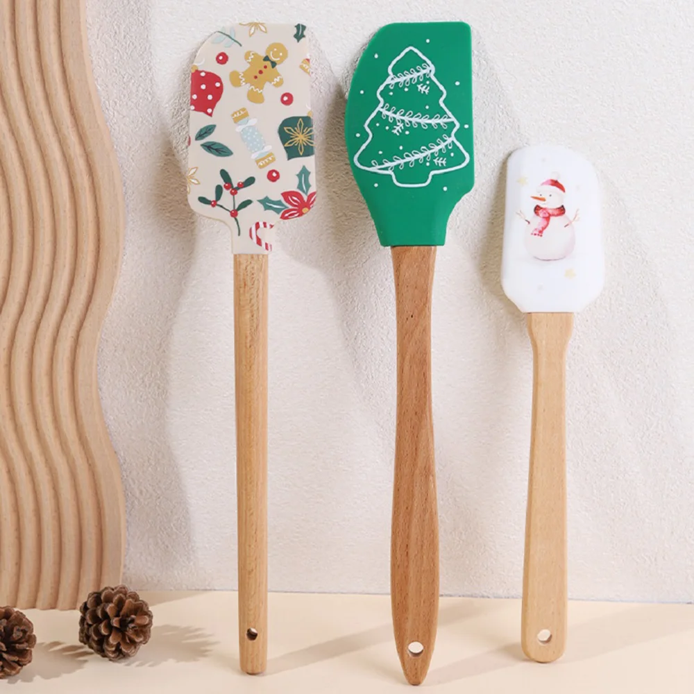 IK 3PCS Spatula Set Christmas Gift Wooden Handle Silicone Baking Scraper Festive Kitchen Utensils for Baker Mom Housewarming