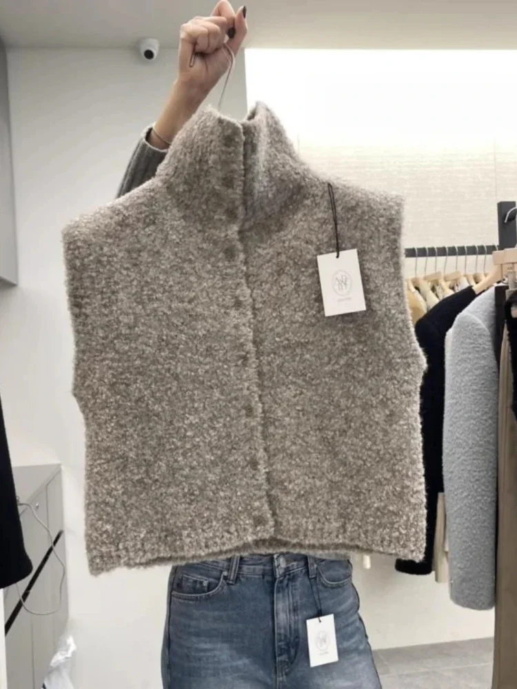 Spring Autumn Women Knitted Open Cardigan Sweater High Collar Sleeveless Vest Design Sense Korean Casual Commute Fit Outerwear