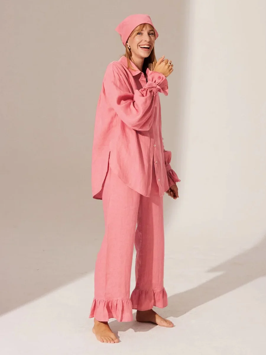 

Женский весенний новый комплект кардигана с расклешенными рукавами и брюками, хлопковая модная рубашка с рюшами, комплект брюк, новый женский комплект брюк-кардиган