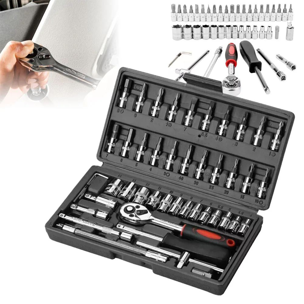 

46PCS Socket Set Metric Wrench 1/4" Drive Ratchet Bit Set Wrench Torx Hex Extension Bar Ratchet Repair Hand Tool