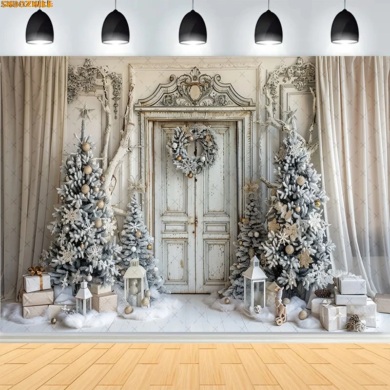 

Christmas Day Wreath Family New Year Party Photography Backdrops Prop Window Living Room Xmas Tree Gift Snow Background BV-02