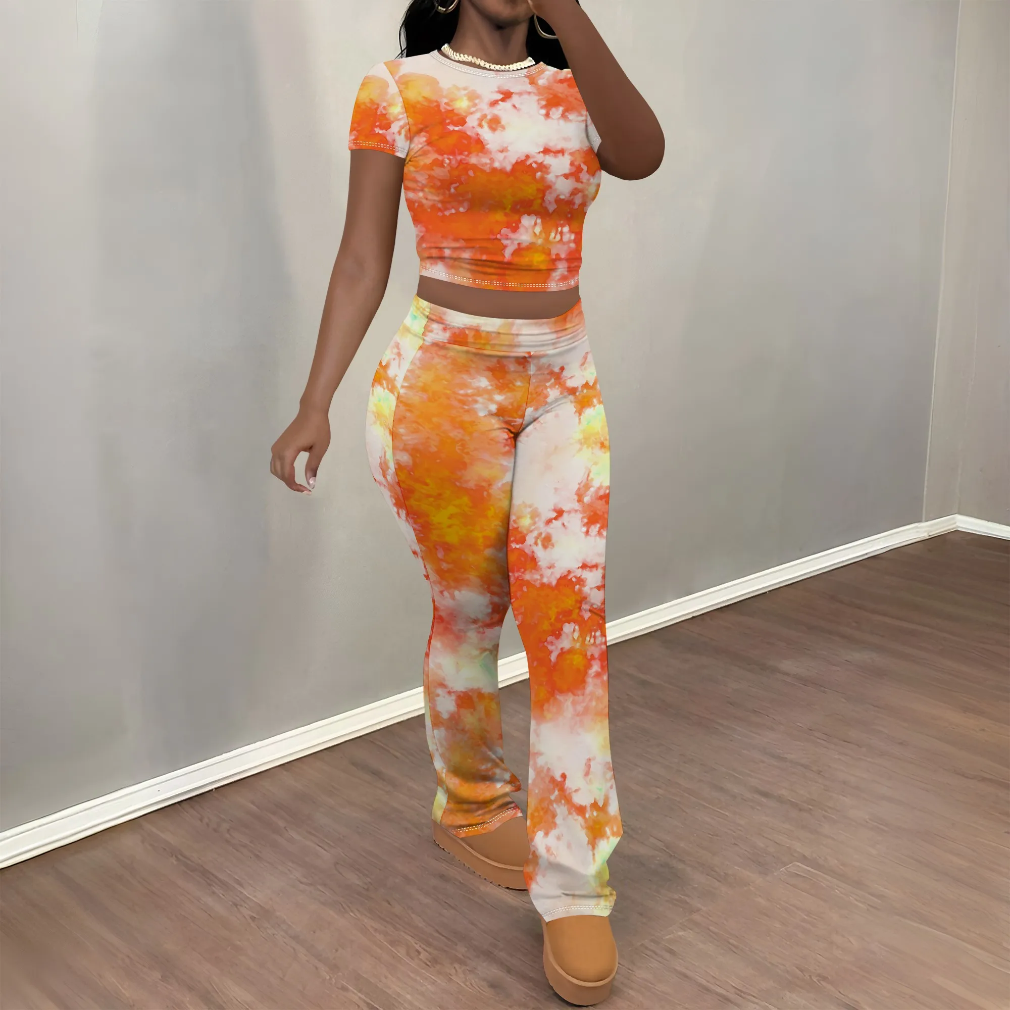 

Nupusa Tie Dye Print Two - Piece Set for Women Standard Size Summer Casual Short Sleeve Flare Pants Outfit