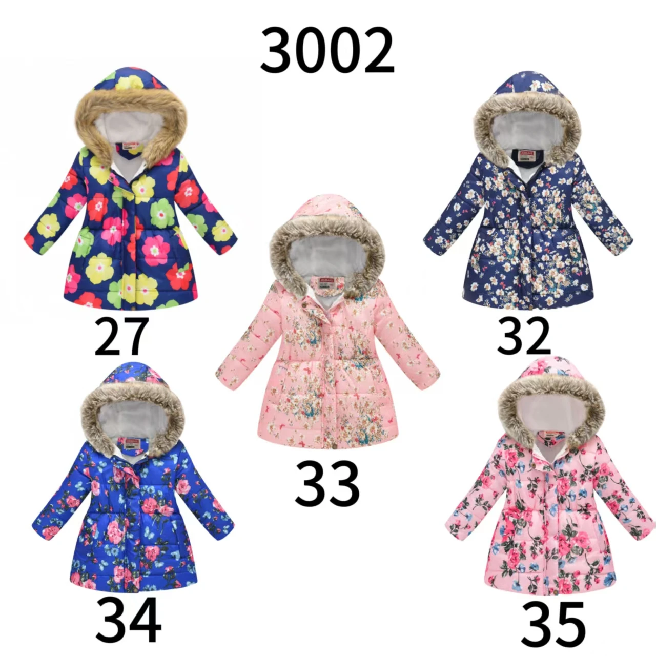 

Winter thick cotton jacket, new style for girls aged 3-11, waist cinched, warm and casual with fur collar and hat, cotton jacket